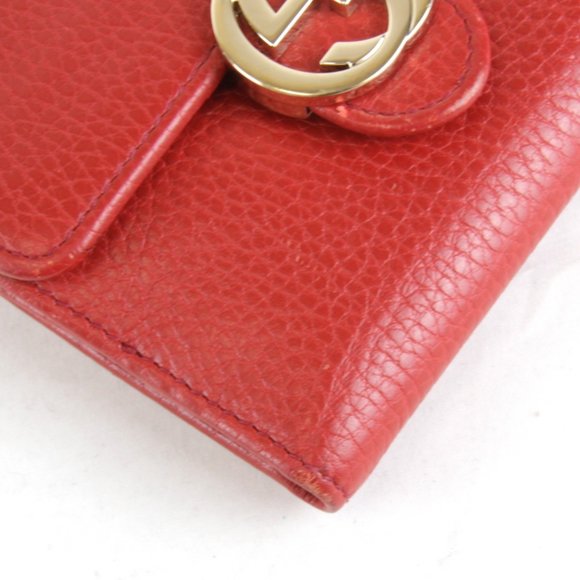 GUCCI 615525 2184 Interlocking G Bi-fold Wallet Compact W Red Leather